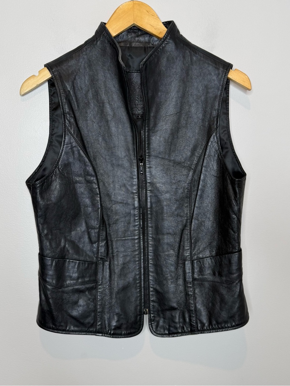 Black Genuine Leather Zip Vest Womens L Y2K
